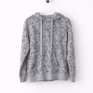 Women's Gray Face-Print Hoodie Sweatshirt